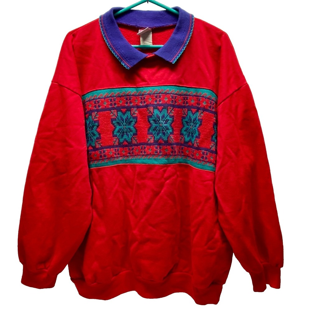 Vtg Sheridan Square Sweater Women's XXL Red Collared‎ Long Sleeve Sweatshirt GUC